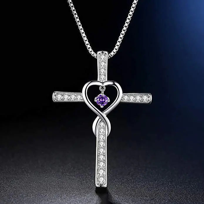 Infinity Love God We Trust Christian Cross Birthstone Crystal Pendant Necklace Colour Gems Zircon Heart Necklace Women Jewelry