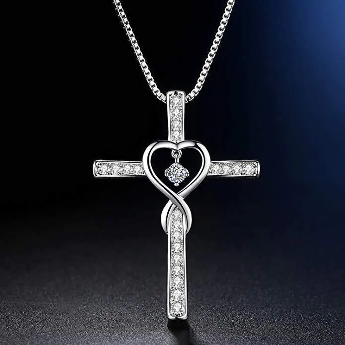 Infinity Love God We Trust Christian Cross Birthstone Crystal Pendant Necklace Colour Gems Zircon Heart Necklace Women Jewelry