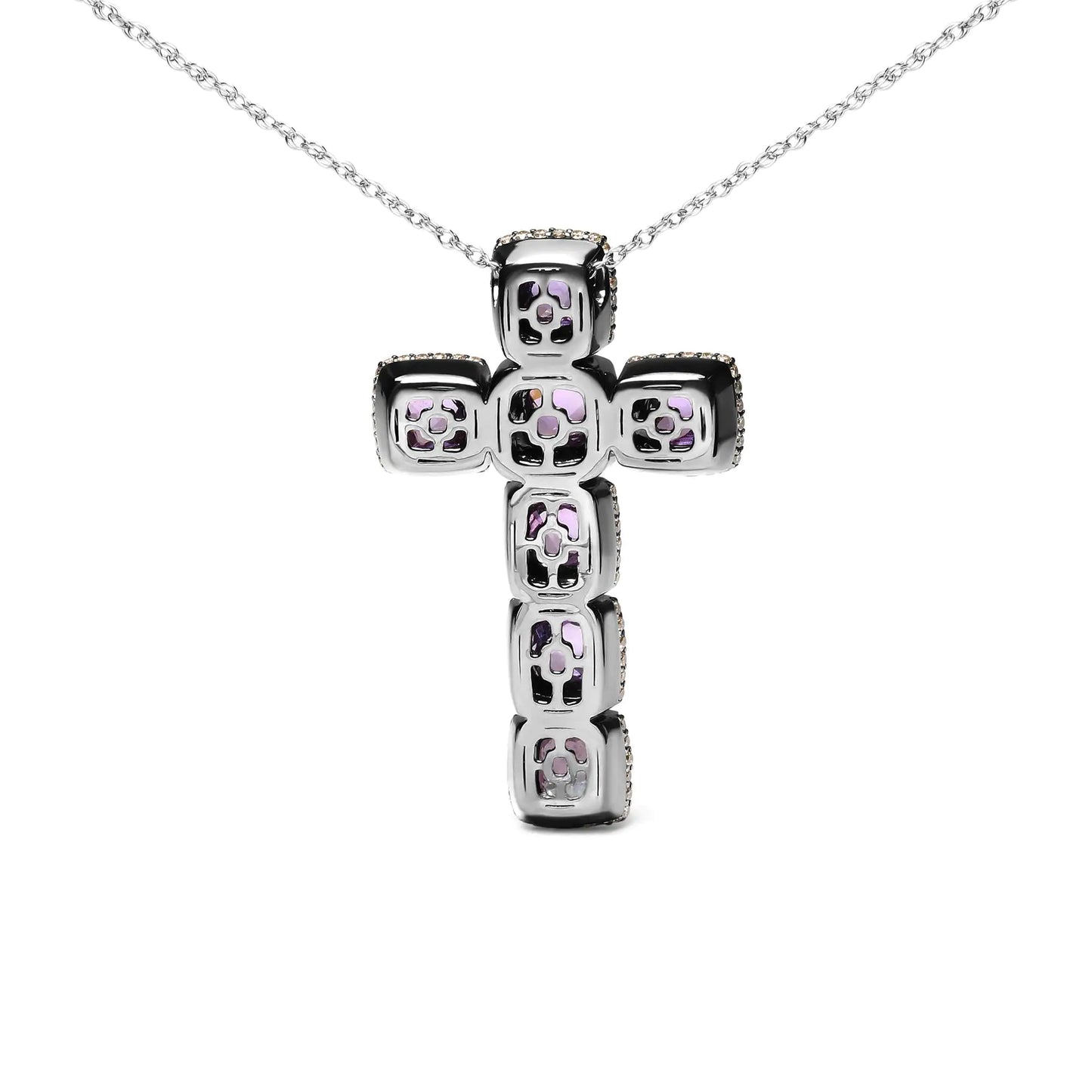 Black Rhodium Plated 18K Rose Gold 1 1/2 Cttw Brown Pave Diamonds and Cushion Cut Rose De France Amethyst Halo Cross 18" Pendant Necklace (Brown Color, SI1-SI2 Clarity)