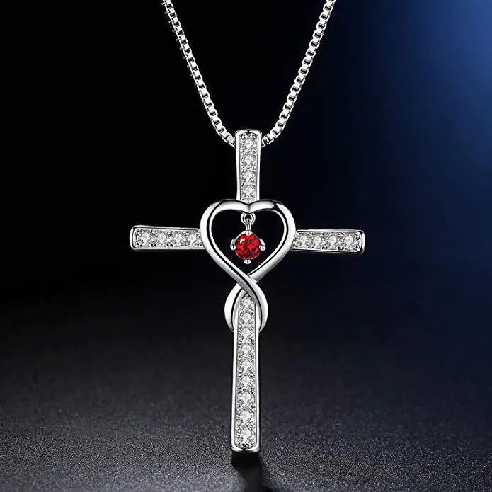 Infinity Love God We Trust Christian Cross Birthstone Crystal Pendant Necklace Colour Gems Zircon Heart Necklace Women Jewelry